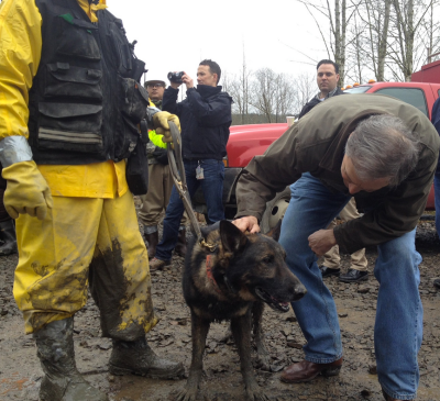 Governor Jay Inslee acknowledges a tired search dog with a scratch behind the ears.